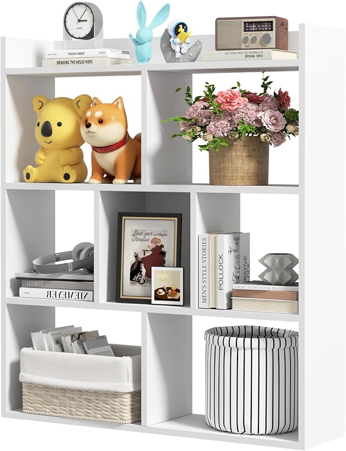 Tangkula 7-Cube Bookshelf, Floor Standing Open-Back Bookcase with Anti-Toppling Devices, Wooden Geometric Bookshelf, 4-Tier Storage Display Shelf for Living Room, Study, Office (1, White)