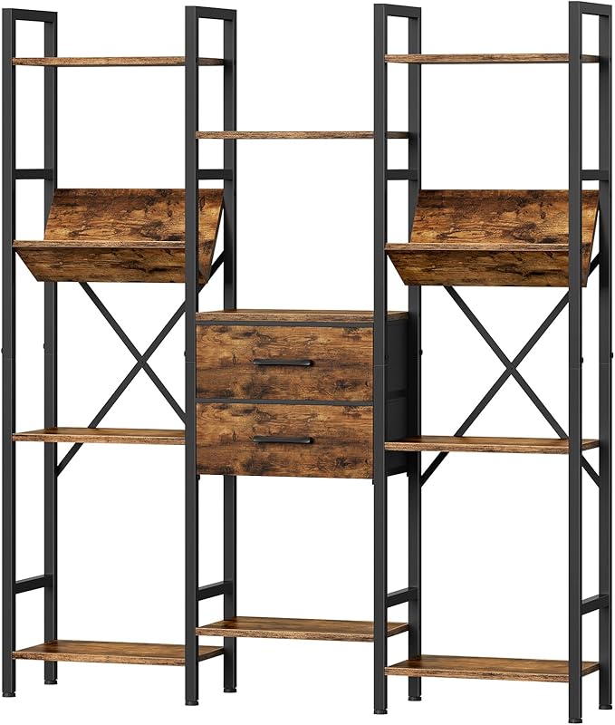 3-Column Bookcase, 55.1" Bookshelf with 2 Non-Woven Fabric Drawers and V-Shaped Shelves, Display Storage Shelf for Living Room, Office, Study, Rustic Brown and Black TSJ03BF