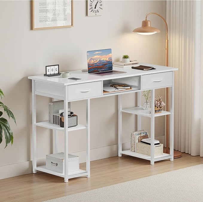 DUMOS 48" Small Computer Home Office Desk for Bedroom with Drawers, Gaming Writing Study Table with Storage Shelf, Adjustable Feet, Metal Frame Natural White