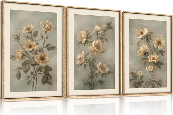 KAIRNE Vintage Botanical Flower Wall Art Set of 3, Modern Boho Floral Framed Canvas Art,Mid Century Nature Wildflower Wall Decor, Green, Beige for Living Room, Bedroom, Farmhouse, Office 16x24 Inch
