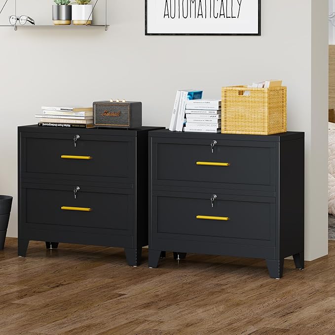 2 Drawer File Cabinet with Lock, Metal Lateral File Cabinets for Home Office, Steel Wide Filing Organization Storage Cabinets, Home Office Furniture for Hanging Files Letter/Legal/F4/A4 Size