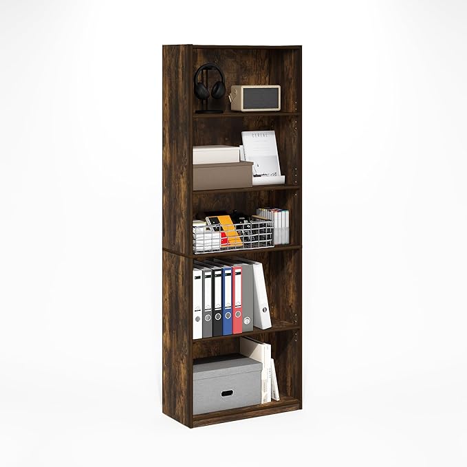 Furinno GEHRY Book Shelf, 5-Tier Bookshelf with Open Shelf, Standing Bookcase with Adjustable Shelves, 11.6 x 24.8 x 71.4, for Living Room, Bedroom, Home Office, Amber Pine