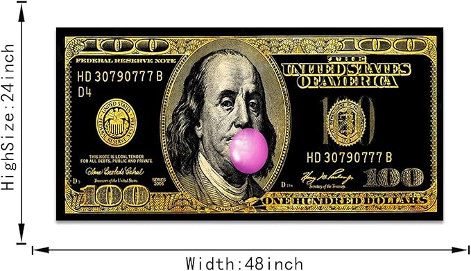 Large Size 1 Big Panel Motivational Money Art Print Dollars Canvas wall Decor for Men Abstract Creative Funny Franklin 100 Dollar Money Art Modern Home Office Wall Decorations Easy to Hang-48"Wx24"H