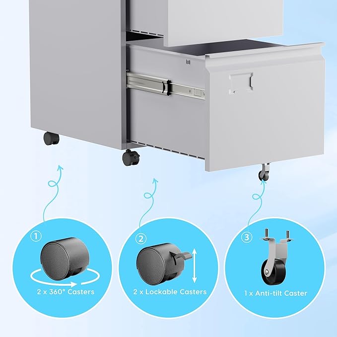 Aobabo 2 Drawer Filing Cabinet with Wheels, Lockable Metal File Cabinet with Business Card Slot for Legal/Letter Size Home Office, Required Assembled,White