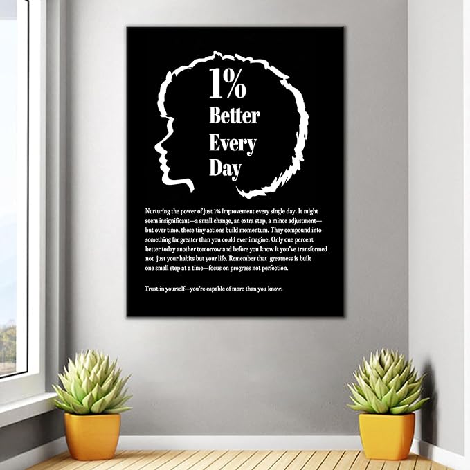 Motivational Wall Art Decor Growth Quote 1% Better Every Day for Entrepreneur Positive Picture Printing Encouraging for Modern Home Living Room Gym School Artwork Stretched and Framed [30''Wx40''H]
