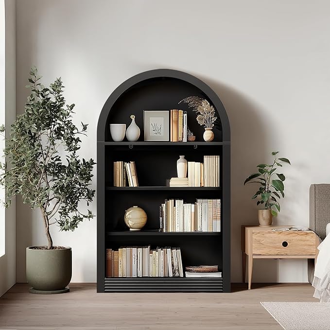 Bookcase, 4-Tier Tall Bookshelf, 47.6" Wood Open Display Floor Arched Book Shelf, Large Storage Organizer for Bedroom and Living Room Black
