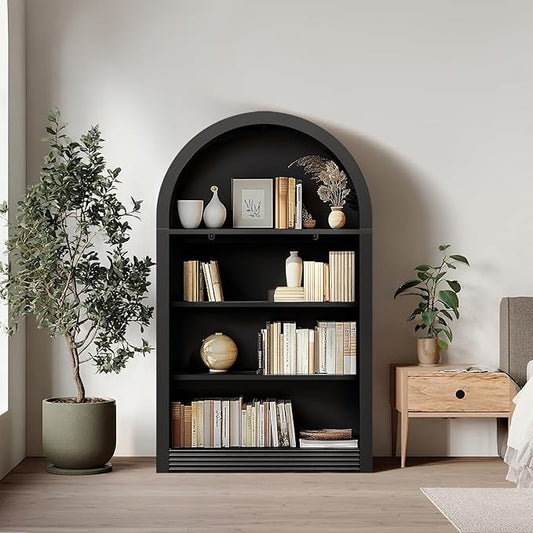 Bookcase, 4-Tier Tall Bookshelf, 47.6" Wood Open Display Floor Arched Book Shelf, Large Storage Organizer for Bedroom and Living Room Black