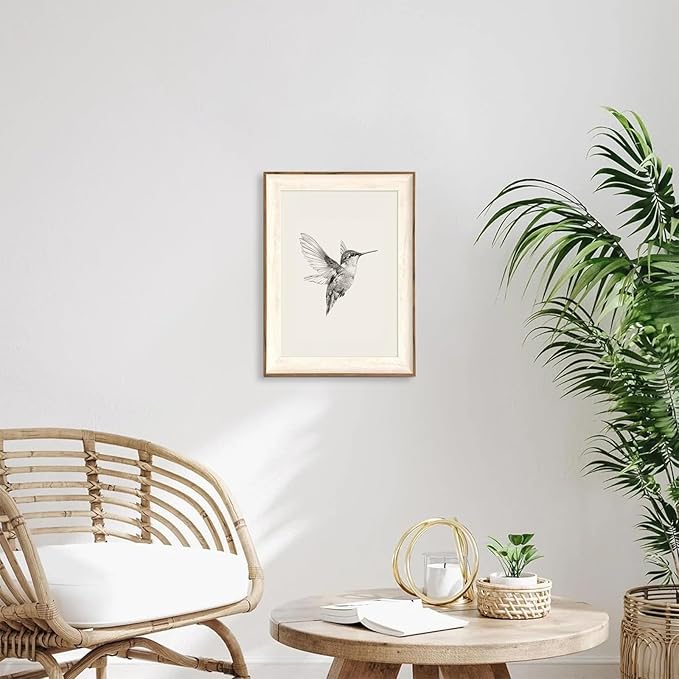 ASTRDECOR Hummingbird Wall Art Prints – Vintage Black and White Bird Sketch Painting Picture, Rustic Neutral Decor Canvas Wall Decor for Modern Home and Bedroom Decoration – Framed 12''x16''