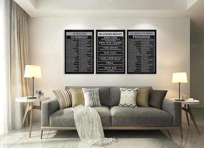 40 Reasons to Workout 3 Pieces Inspirational Wall Art Canvas Print Office Decor Wooden Framed Prints Motivational Millionaire Mindset Quotes for Wall Art Home Decoration Ready to Hang[72''Wx 36''H]