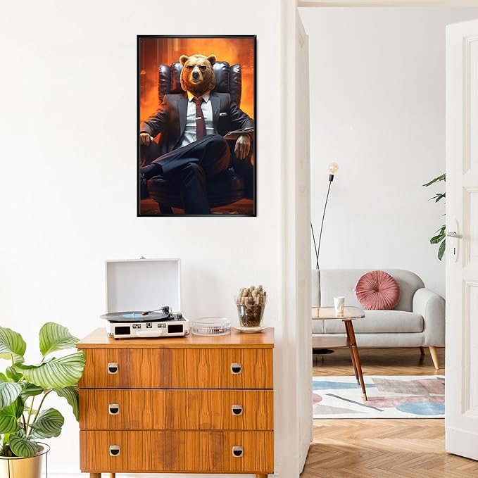 Trendy Suit Animal Bear Portrait Wall Art Funny Boss Bear Canvas Posters Work Struggle Motivation Inspiring Prints Painting For Office Living Room Wall Decor 8x12in Framed