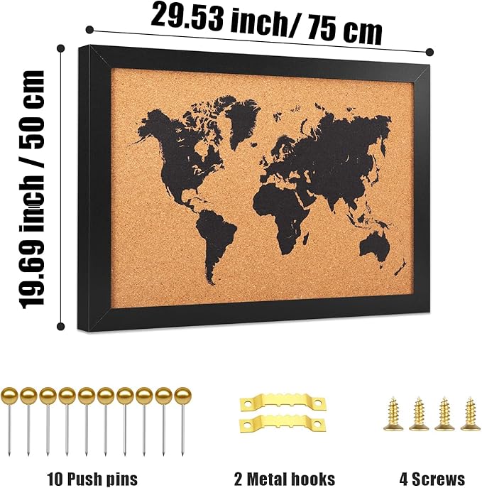 Cork Board Map of World, 20" X 30" Bulletin Boards for Walls with 10 Pins, Travel Tracker Map for Office, School and Home (WD-MAP-5075)