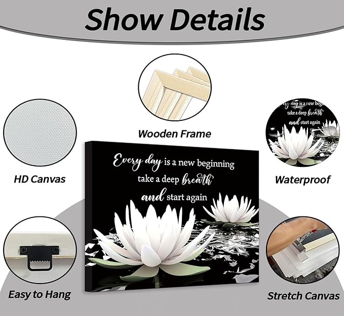 Zen White Lotus Canvas Wall Art On In Water Blooming White Lotus Picture Wall Decor Spiritual Meditation Poster Print Painting for Bathroom Room Modern Yoga Spiritual Spa Living Bedroom Decoration