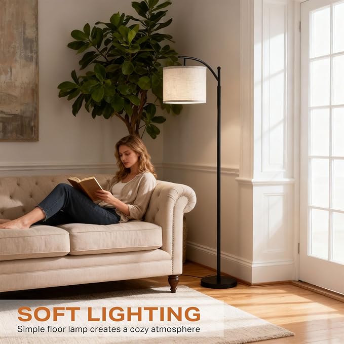 Arc Floor Lamp with 3 Color Temperatures, 9W LED Remote-Controlled Light, Tall lamp with Foot Switch and Timer Function, Modern Standing Lamp for Living Room, Bedroom, Office Reading, Black
