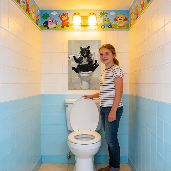 Framed Funny Black Cat Bathroom Decor Modern Bathroom Wall Art, Humor Black Cat Sitting on Toilet Cathching Toilet Paper Roll Wall Decor, Animals Posters Paintings Print Decoration 24x36 Inches