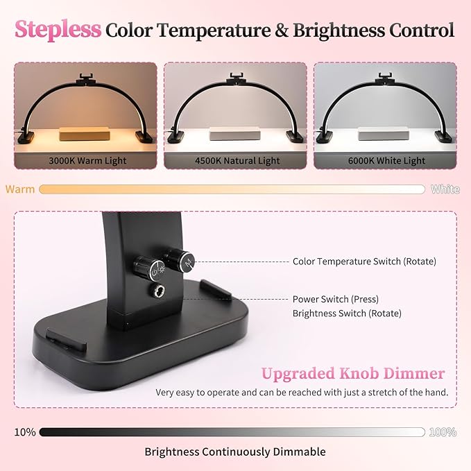Foldable Half Moon Light for Nail Desk, 31in 45W Nail Desk Lamp with Phone Holder, Half Moon Table Lamp with Stepless Color Temperature Dimmable for Manicure (Black)