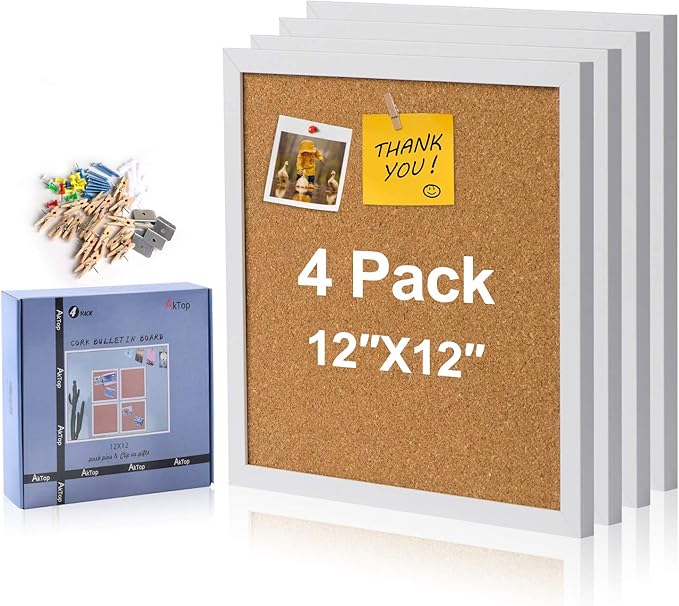 AkTop Cork Board Bulletin Board 12x12, White Framed Corkboard 4 Pack, Small Square Pin Board for Wall, Mini Thick Cork Tiles with 16 Push Pin Wood Clips for School, Home & Office
