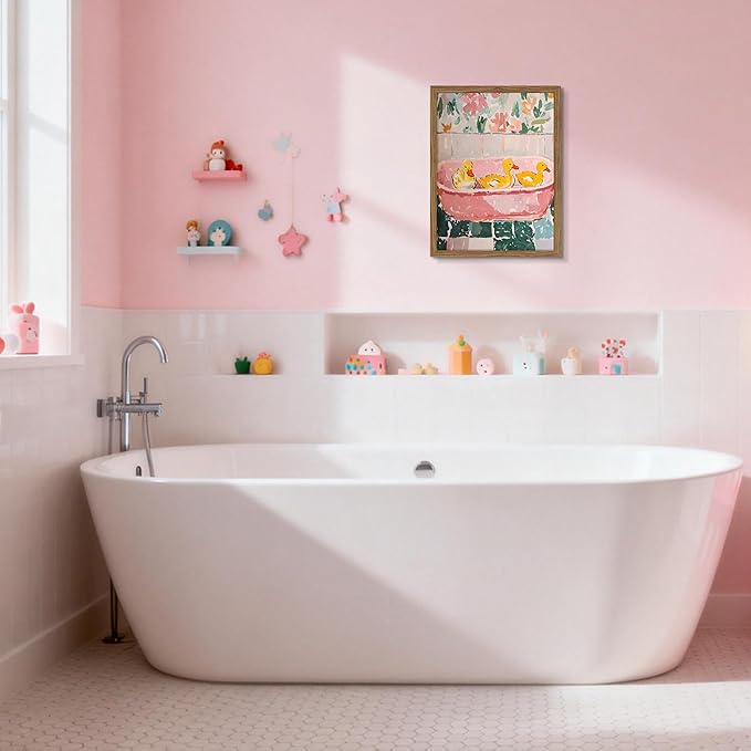 Framed Funny Bathroom Wall Art Decor, Yellow Duck in Pink Bathtub Canvas Wall Decor Painting, Cute Whimsical Animal Poster Print Picture for Girls Bathroom Nursery 16x24 Inch