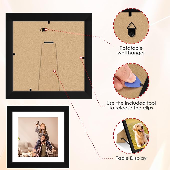 FIXSMITH 8x8 Picture Frames Set of 2, Photo Frame with HD Plexiglass, Display Pictures 4x4 with Mat or 8x8 Without Mat Multi Picture Frames Collage for Tabletop or Wall Display, Black