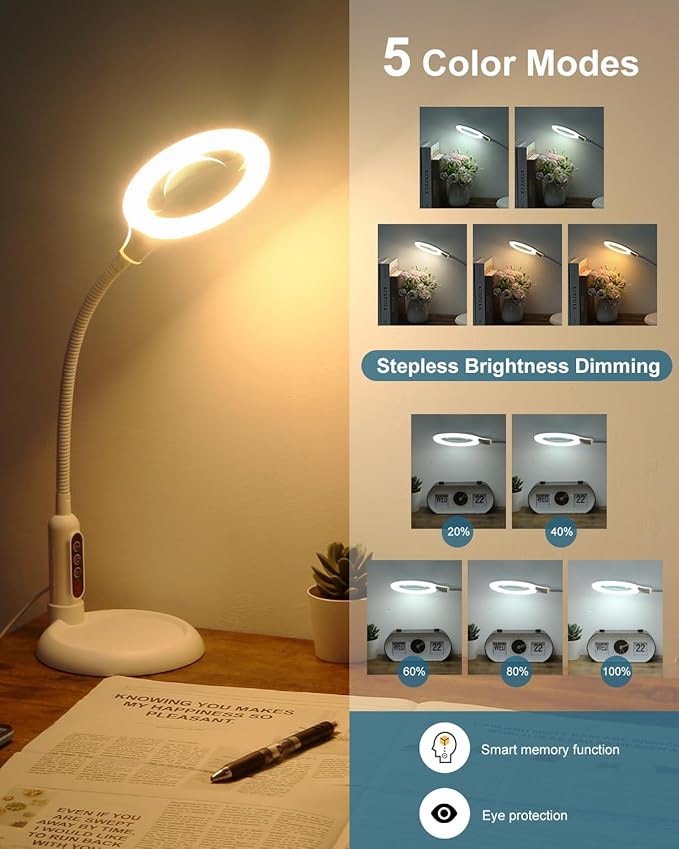 10X Magnifying Glass with Light and Stand, LED 5 Color Modes, Brightness Stepless Dimming Lighted Magnifier Hands Free, Flexible Gooseneck Desk Lamp with Clamp for Close Works, Crafts, Hobby - White