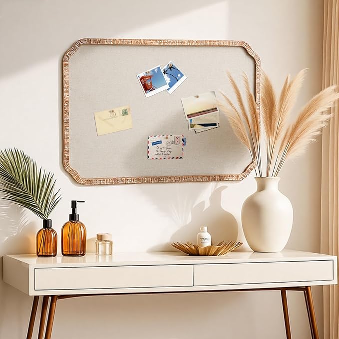 Vintage Framed Pin Board Linen Display Bulletin Board Large Cork Fabric Picture Photo Pinboard Memo Ornate Decorative Pinboard Ornate for Wall Gift(Scalloped,20'' X 30'',Light Brown)