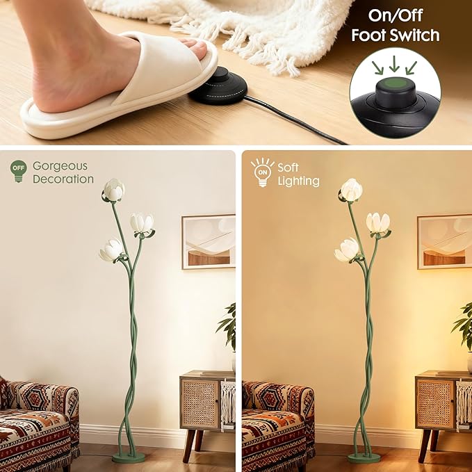 Vintage Floral Floor Lamp with 3 Adjustable LED Heads, Green Standing Lotus Light for Living Room Bedroom, 67" Tall Artistic Metal Lamp with Petal Shades, Foot Switch, LED Bulbs Included