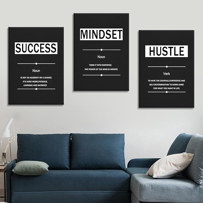3 Pieces Inspirational Posters Wall Art Motivational Mindset Success Hustle Quotes Print on Canvas Positive Energy Painting for Modern Home Living Room Gym School Artwork Ready to Hang [60''Wx28''H]