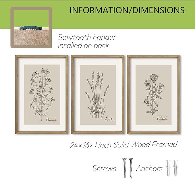 TQianJiang Vintage Botanical Wall Art 24"x16" Set Of 3 Wood Framed Wildflower Pictures Wall Decor for Bedroom Minimalist Wall Hanging (Wood)