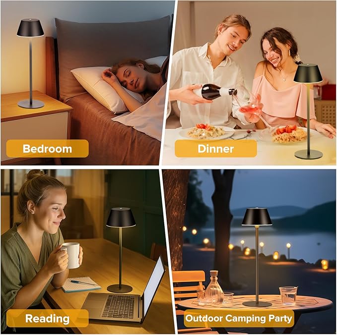 Cordless Table Lamps, LED Rechargeable Battery Operated Lamp with 2 Adjustable Height 3 Colors Stepless Dimming, Touch Control Wireless Desk Lamp for Restaurant,Bars,Coffee Shop (Black Set of 2)