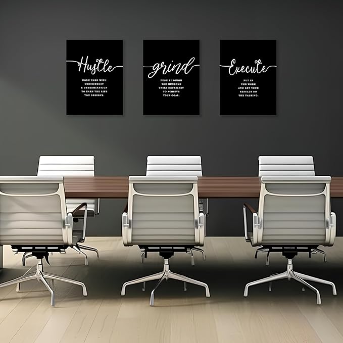 COSCTOR Set of 3 Large Motivational Wall Art Canvas Posters for Office Workplace Garage Gym Living Room Bedroom Grind Hustle Execute Black and White Wall Decor Inspirational Quotes Paintings(Framed,16x24)