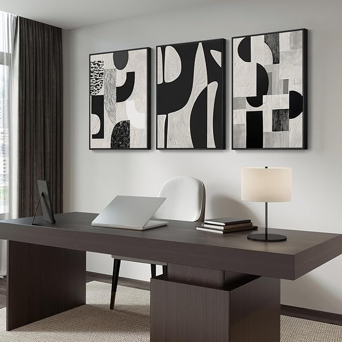 Large Framed Black and White Abstract Wall Art for Living Room, 3 Piece Modern Canvas Prints Paintings Artwork for Walls, Minimalist Geometric Pictures for Entryway Hallway Office Wall Decor 24x36 In