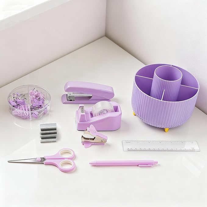 10pcs Purple Office Accessories for Women, Office Supplies Set, Desk Organizer with 360° Rotating Pen Holder, Stapler, Staple Remover, Tape Dispenser, Scissor, Ruler, Gift for Students, Office Clerks