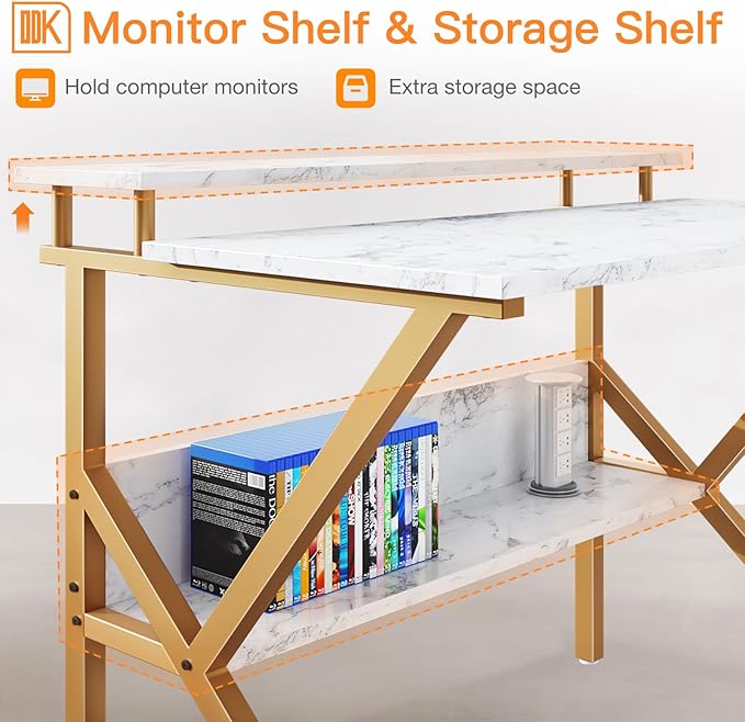 ODK Small Desk, 27.5 Inch Computer Desk for Small Spaces, Kids Desk with Storage, Study Table with Monitor Stand for Homeschool, White Marble + Gold Leg