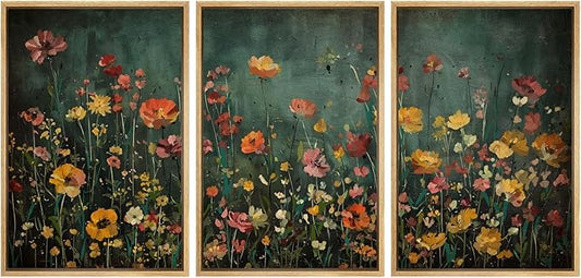 MUDECOR Framed Wall Art Print Set Vintage Wildflower Meadow with Colorful Blooms Illustrations Modern Art Boho Decorative Colorful Chic for Living Room, Bedroom, Office - 16"x24"x3 Natural
