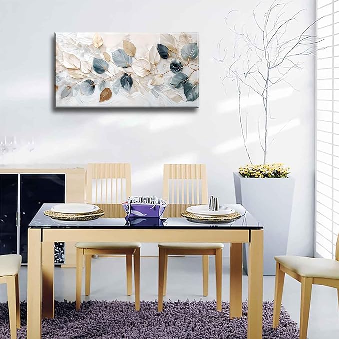 Large Living Eucalyptus Leaf Canvas Wall Art Teal White Botanical Abstract Decor painting Pictures Modern Nordic Plant Flowers Posters Prints for Bathroom Bedroom Office Hallway Home Decoration