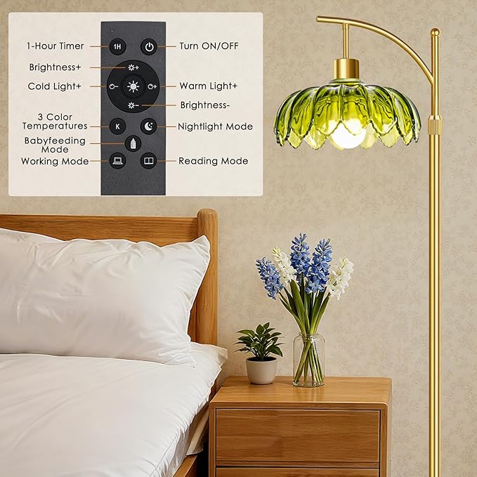 Gold Floor Lamps for Living Room: Tall Standing Lamp for Bedroom Office, Arc Mid Century Modern LED Floor Lamp with Remote, Vintage Boho Dimmable Green Flower Lamp for Corner