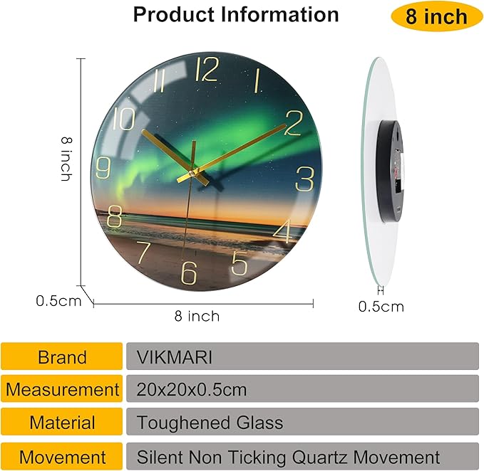 VIKMARI 8 Inch Modern Wall Clock, Aesthetic Black and Gold Decor Accessories, Unusual Silent Non Ticking Aurora Clocks for Living Room/Kitchen/Bedroom/Bathroom/Office (Glass)