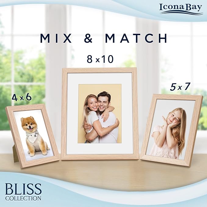 Icona Bay - 11x14 Light Oak Picture Frame with Removable Mat for 8x10 Photo - Modern Style Engineered Wood Frame - Wall Mount Only - Bliss Collection