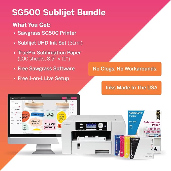 Sawgrass SG500 Sublimation Printer Bundle with Anti-Clog Technology | Only Printer Designed Exclusively for Sublimation | Includes 31mL SubliJet UHD Inks & TruePix Paper | Wi-Fi