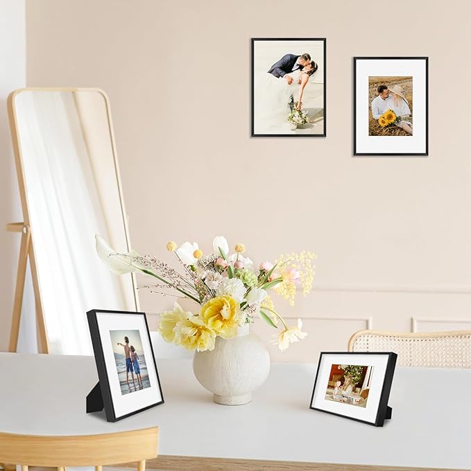 Golden State Art, Gallery Wall Frame Set of 6 - Black 9x12 Aluminum Photo Frames with Mat for 6x8 Pictures - 9 x 12 inch Metal Frame with Real Glass Cover - Elegant Home or Office Decor