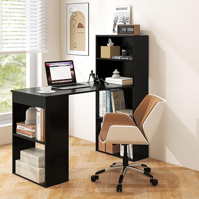 Tangkula Computer Desk with Bookshelf, Writing Study Desk with Storage Shelves & CPU Stand, Modern Compact Computer Workstation for Home & Office, Space-Saving Design (Black)