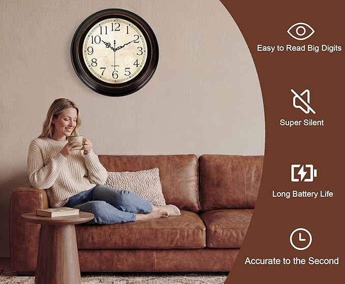Vintage Wall Clock 16 Inch Quartz Silent Non-Ticking Analog Clock Battery Operated Rustic Round Decorative Clock for Living Room Kitchen Home Office Classroom