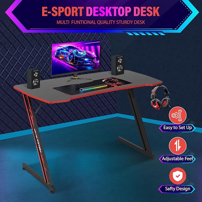 PayLessHere | 47" Gaming Table | Red | Z-Shaped Computer Desk with Steel Frame, Headphone Hook, Adjustable Feet | Carbon Fiber Texture Surface, Sweat & Waterproof | for Gaming, Home Office