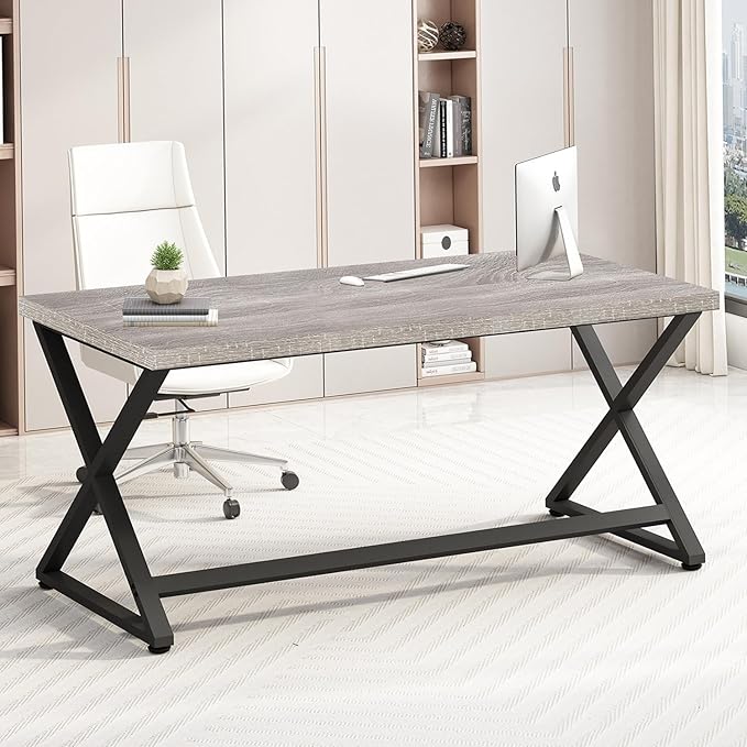 IBF Gray Desk, Industrial 47 in Computer Desk for Writing Study, Simple Wooden Metal Executive Work Desk for Home Office, Modern Pc Gaming Laptop Workstation Computer Table in Bedroom, Light Grey Oak