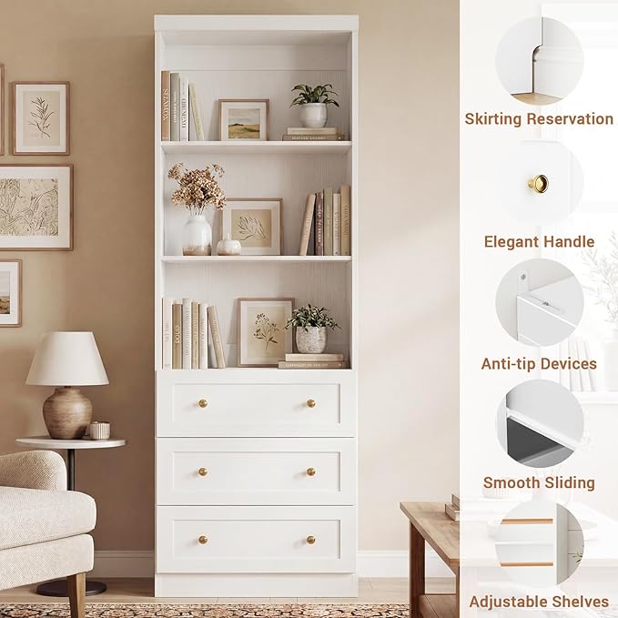 Cyclysio 80" Bookshelf with 3 Drawers, Tall Bookcase with Thickened Top Panel and 3-Tier Open Shelves, Tall Storage Cabinet for Home Office, Living Room, White