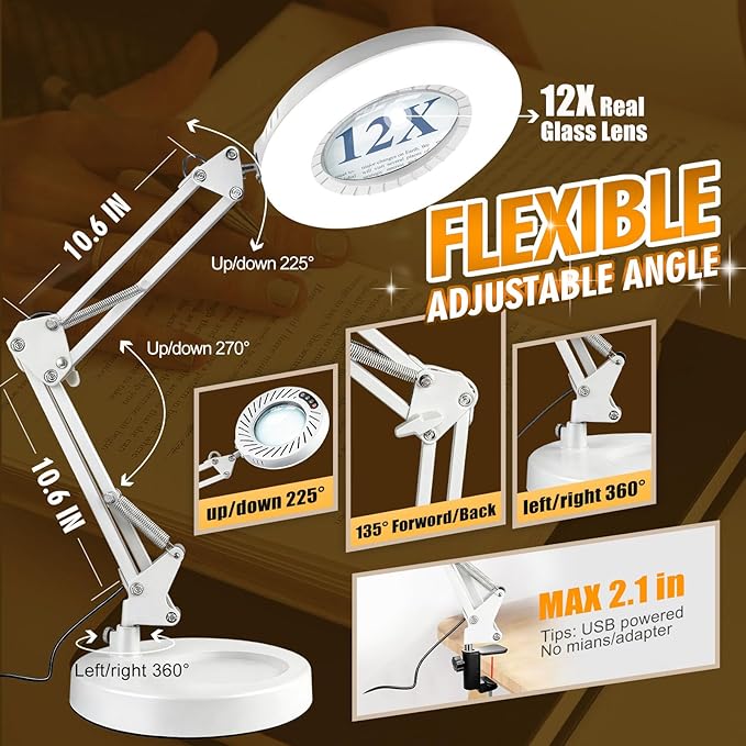 12X Magnifying Glass with Light and Stand, 144 LEDs Brightest Desktop Magnifying Lamp, 10 Dimmable Brightness 5 Color Modes, Hands Free Metal Desk Lamp for Craft Reading Painting (White)