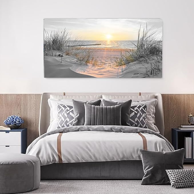 Yxbhhym-Black and White Sunset Beach Wall Art Coastal Room Decor Ocean Picture for Living Room Wall Art Bedroom Seascape Artwork Prints Sea Scene Painting Modern Bathroom Office Decor