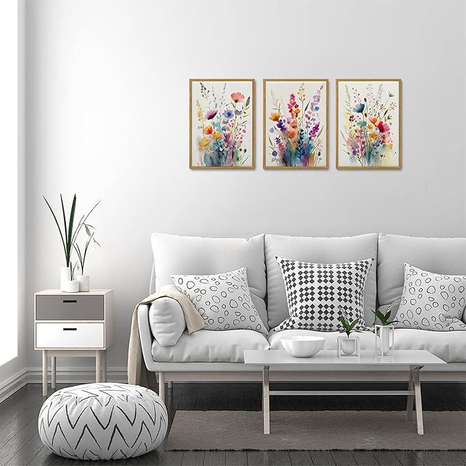 KISSFOX 3 Piece Colorful Wildflower Botanical Framed Wall Art Watercolor Floral Canvas Art Prints Boho Flower Pictures Wall Decor Modern Minimalism Paintings Artwork Girls Bedroom Living Room Bathroom