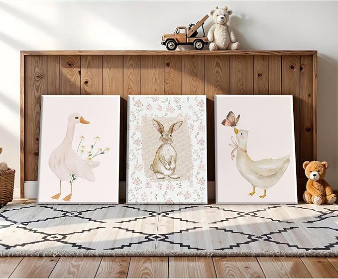Vintage Nursery Wall Art Goose Canvas Poster Coquette Wall Decor Baby Girl Painting Kids Poster Bunny Rabbit Prints Cute Animal Pictures Duck Artwork for Bedroom Living Room 16x24x3 Inch Ready to Hang
