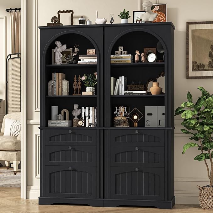 Farmhouse File Cabinet Fits Letter/Legal/A4 Size Hanging File Folders, 3-Tier Floor Standing Bookcase with File Drawer and Open Shelf, Wood Filing Cabinet Printer Stand for Home Office, Black