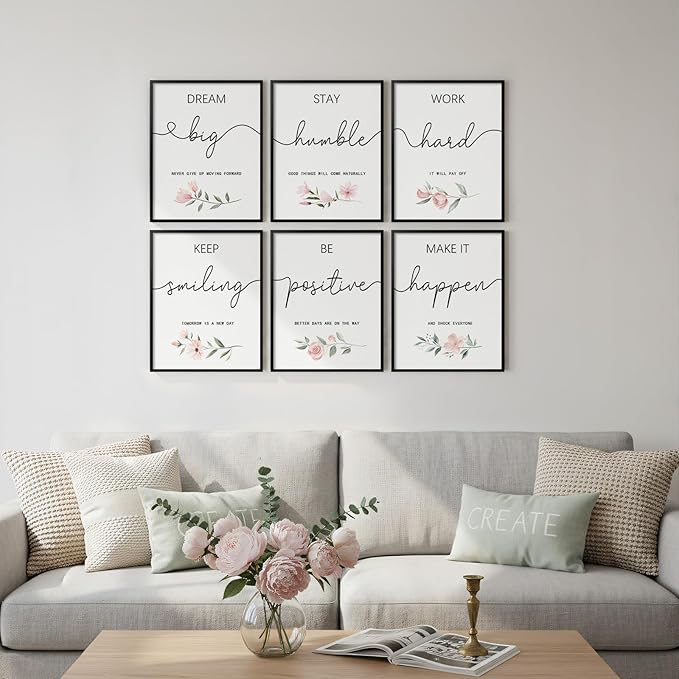 Framed Inspirational Office Wall Art Decor, 6 Piece Modern Motivational Quotes Floral Canvas Prints Artwork for Office Walls, Positive Affirmations Wall Decor for Home, Study Room, 11x14